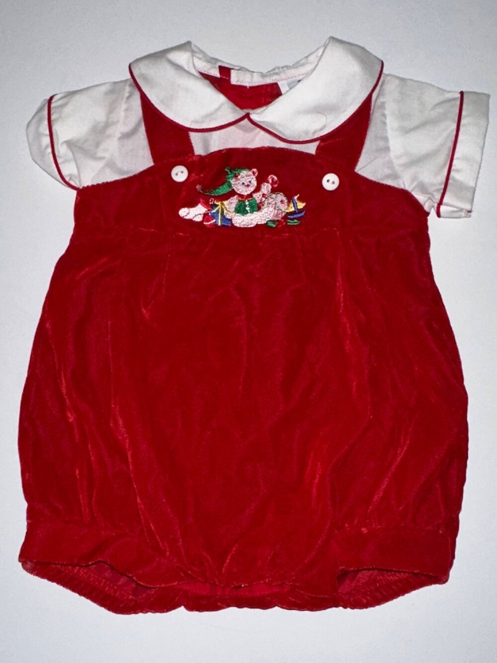 Vintage BOYS N' BERRIES Newborn Romper 0-3m Red Crushed Velvet Top Shortalls
